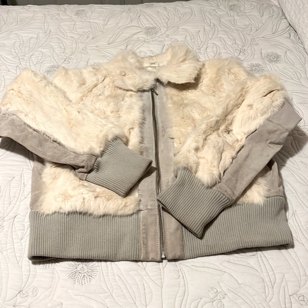 Real rabbit fur coat with suede accents women size Large